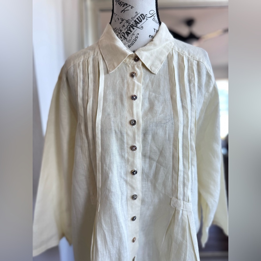 Click Color Me Cotton Beige Cream Linen Pin Tuck Peasant Shirt Dress Size 2XL - Picture 2 of 11